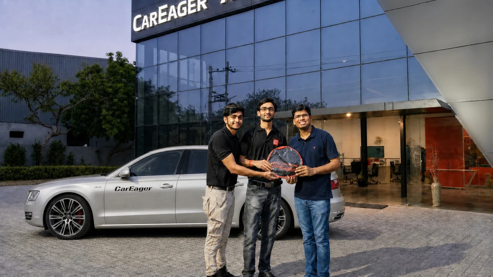 Elite member Mr. Dharmesh receiving his CarEager Cash payout at the CarEager flagship outlet, his car parked behind him